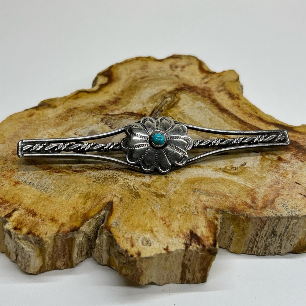 Vintage 60s Navajo Bar Pin/Brooch Braided Silver Stamped Flower And Turquoise